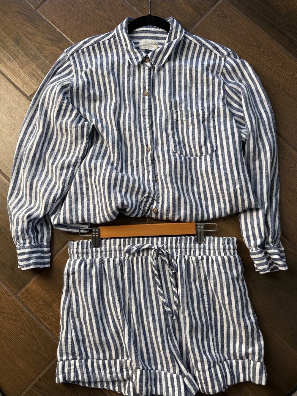 Universal Thread Navy White Striped Button-Down Linen Shirt and short Set